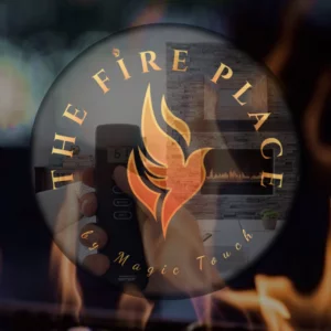 the fire place by magic touch logo with flames in background