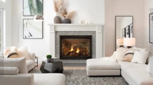 a gas fireplace in a living room after being repaired