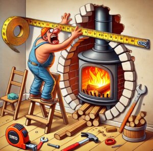 cartoon of a fireplace installer trying to install a wood burning stove in a round hole
